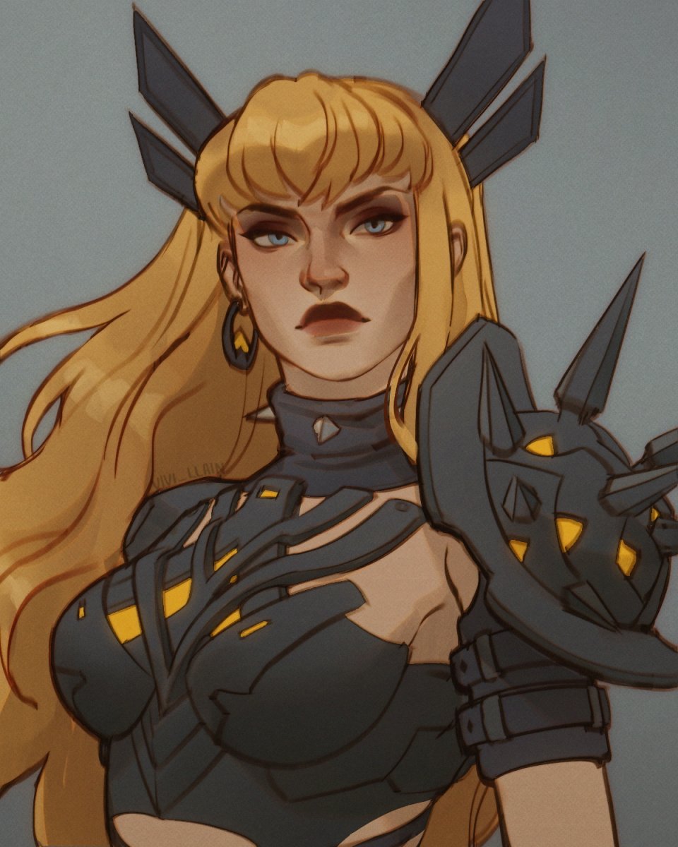 vivi llain, magik (x-men), marvel, marvel rivals, highres, 1girl, armor, blonde hair, blue eyes, breasts, earrings, elbow spikes, jewelry, long hair, looking at viewer, simple background, solo, spiked pauldrons, upper body