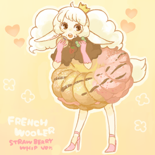 yukke, mister donut, lowres, 1girl, animal ears, blonde hair, brown eyes, cookie, crown, curly hair, donut, dress, eating, elbow gloves, female focus, food, food-themed clothes, food as clothes, food on face, fruit, gloves, hat, high heels, long hair, open mouth, pointy ears, shoes, solo, strawberry, sweets, tail, white hair