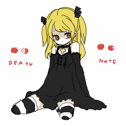 yukke, amane misa, death note, lowres, 00s, 1girl, blonde hair, female focus, goth fashion, long hair, red eyes, sitting, solo, striped clothes, striped thighhighs, thighhighs, two side up