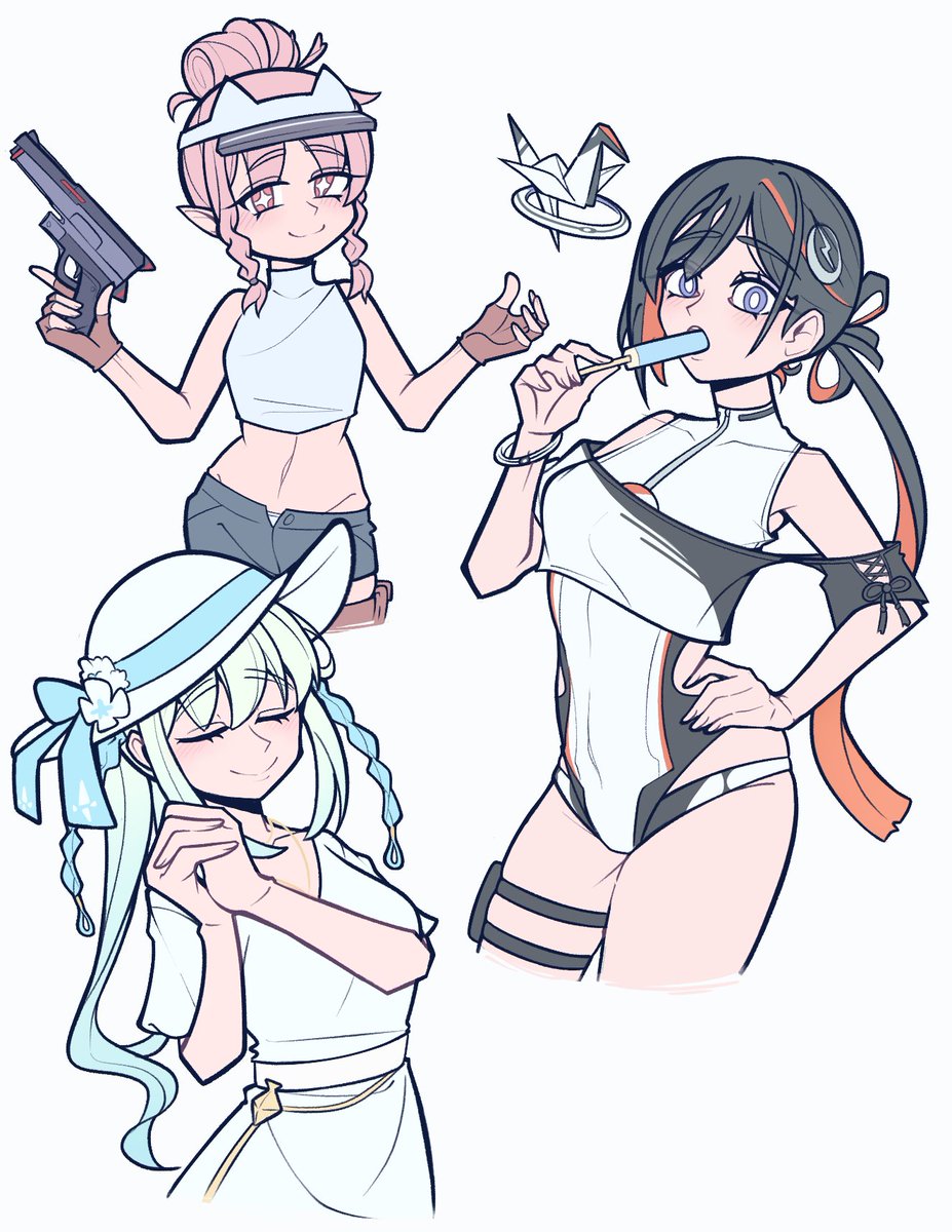 habetrot (fate), jeunesse crane (fate), miss crane (fate), morgan le fay (fate), fate/grand order, fate (series), highres, 3girls, black hair, braid, closed eyes, dress, food, green eyes, gun, hair between eyes, hat, holding, holding gun, holding weapon, ice cream, ichigo berry, jeunesse crane (first ascension) (fate), long hair, looking at viewer, morgan le fay (chaldea public relations bureau) (fate), multiple girls, pink eyes, pink hair, ponytail, short hair, simple background, smile, swimsuit, very long hair, weapon, white background, white dress, white hair