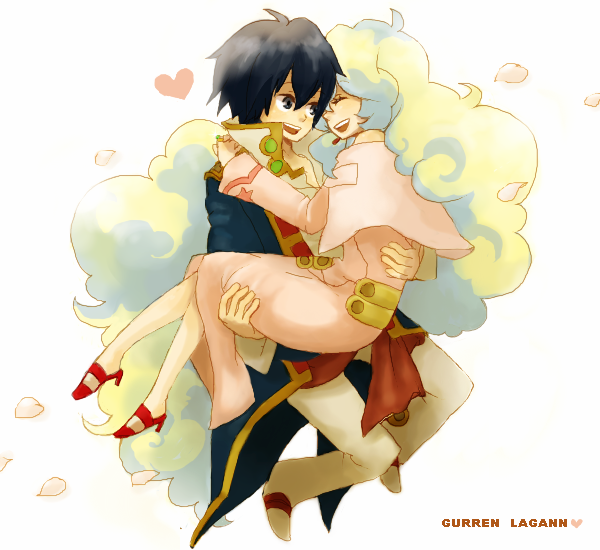 yukke, nia teppelin, simon (ttgl), tengen toppa gurren lagann, 00s, 1boy, 1girl, carrying, couple, happy, heart, hetero, long hair, petals, princess carry, smile