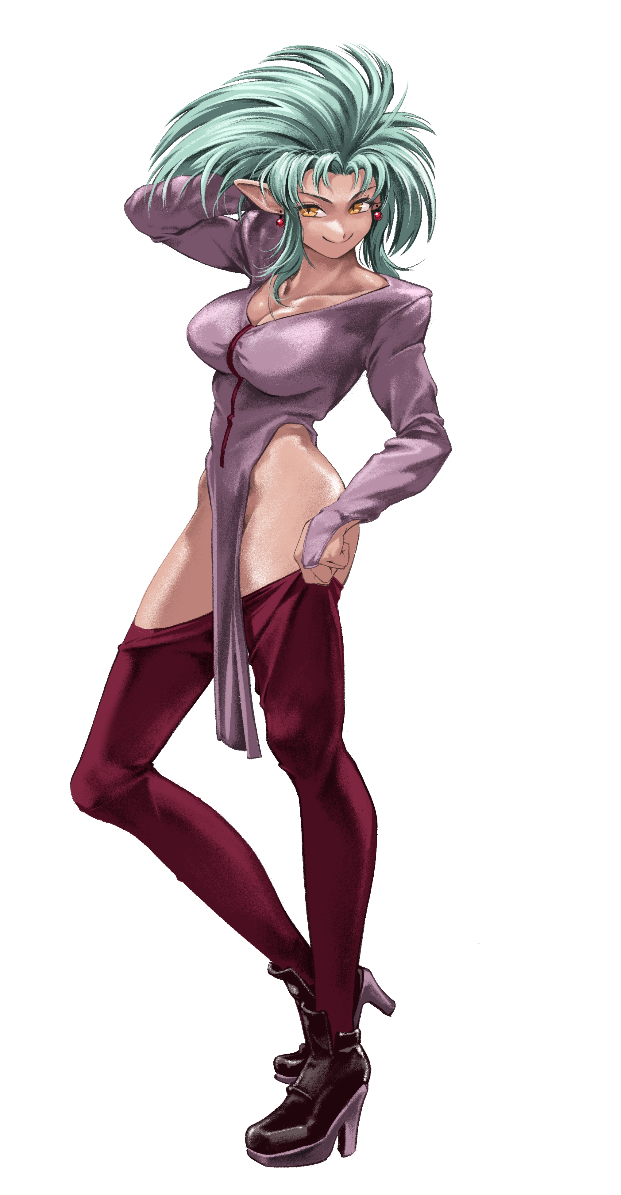 chtv, ryouko (tenchi muyou!), tenchi muyou!, absurdres, commentary, commission, english commentary, highres, 1girl, aqua hair, bare shoulders, black boots, boots, breasts, cleavage, collarbone, earrings, hand in own hair, heel up, high heel boots, high heels, hip bones, jewelry, large breasts, long hair, looking at viewer, pantyhose, pantyhose lift, pointy ears, slit pupils, smile, solo, thighs, white background, yellow eyes