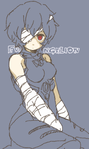 yukke, ayanami rei, neon genesis evangelion, lowres, bandage over one eye, bandages, eyepatch, mecha pilot suit, pale skin, plugsuit (evangelion), red eyes, short hair, solo