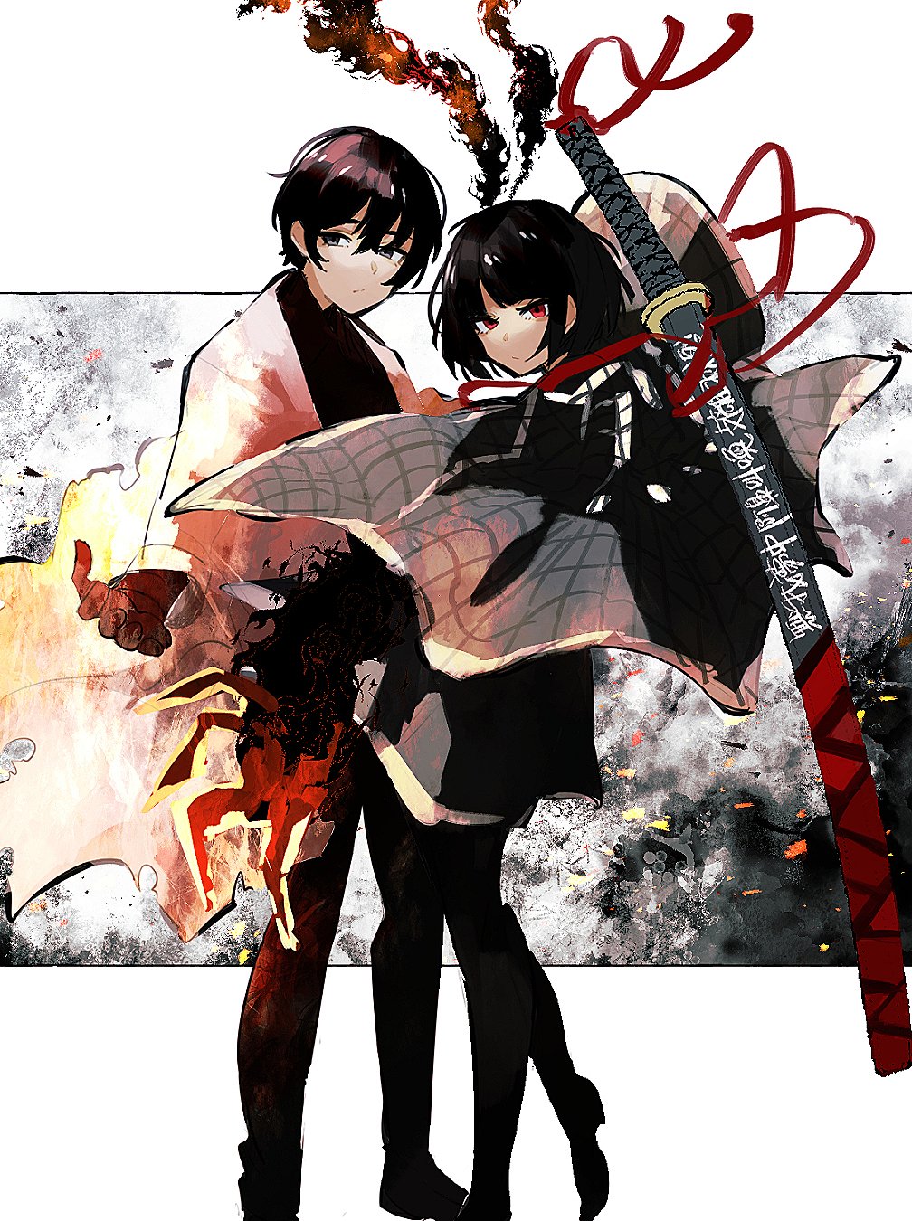 nakame77, ryoshu (project moon), yi sang (project moon), limbus company, project moon, highres, 1boy, 1girl, 4th match flame (e.g.o), antennae, black dress, black eyes, black hair, black pants, black shirt, bob cut, border, closed mouth, coat, dress, e.g.o (project moon), full body, grey background, long sleeves, looking at viewer, pants, red eyes, red ribbon, ribbon, shirt, short hair, simple background, smoke, standing, weapon, white border, white coat