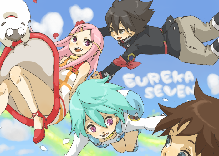 yukke, anemone (eureka seven), dominic sorel, eureka (eureka seven), gulliver (eureka seven), renton thurston, eureka seven, eureka seven (series), 00s, 2boys, 2girls, aqua hair, flying, happy, long hair, multiple boys, multiple girls, pink eyes, pink hair, short hair, sky