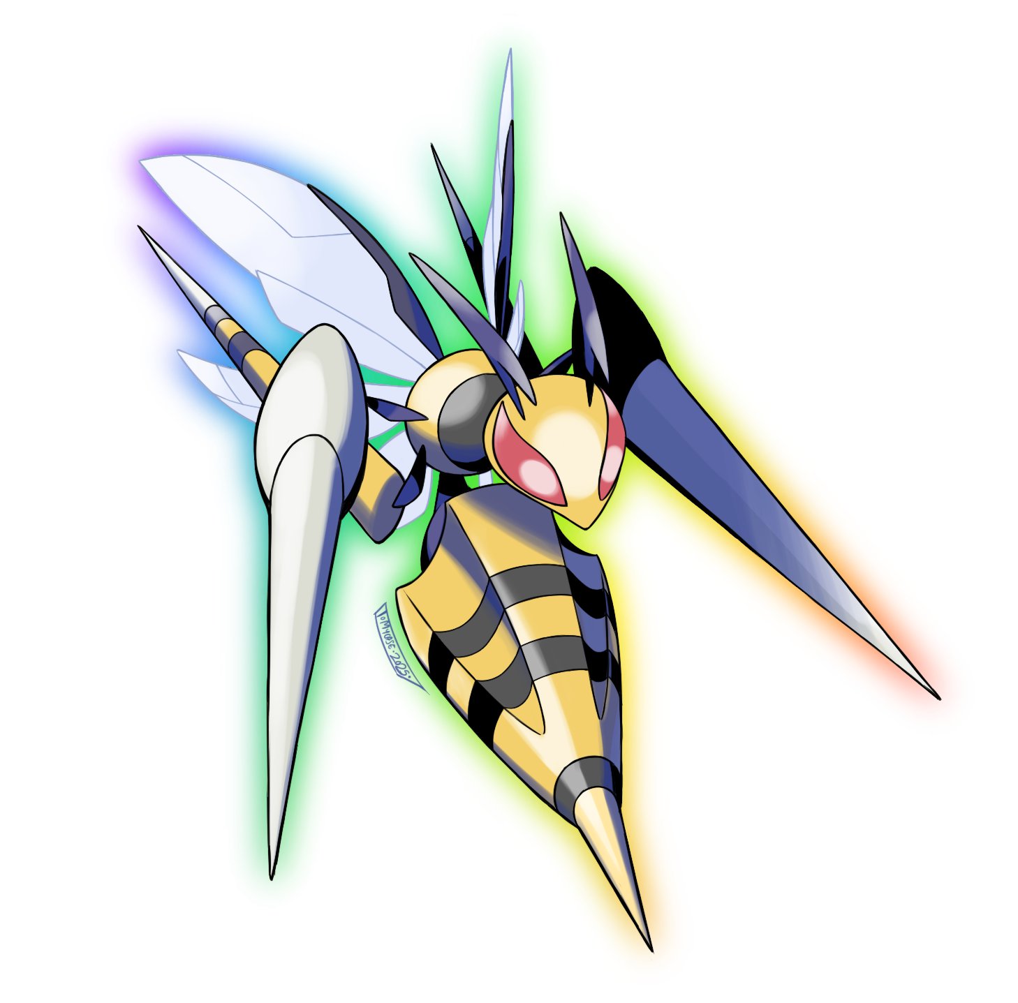 tomycase, beedrill, mega beedrill, nintendo, pokemon, highres, bee, bug, full body, gen 1 pokemon, insect, mega pokemon, midair, no humans, red eyes, simple background, white background