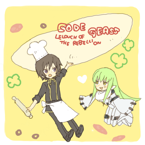 yukke, c.c., lelouch vi britannia, code geass, lowres, 00s, black hair, cook, cooking, green hair, long hair, short hair