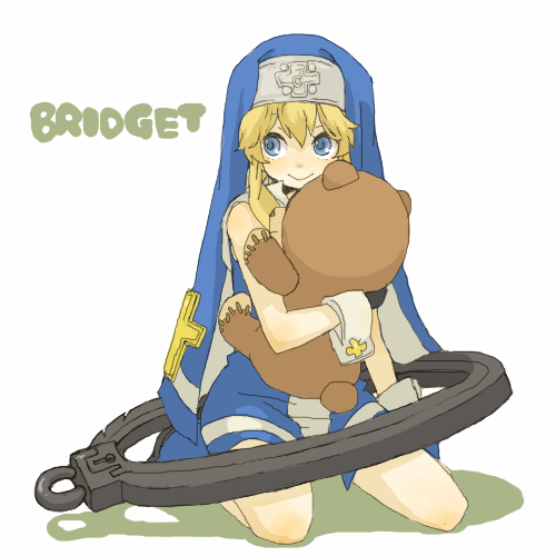 yukke, bridget (guilty gear), roger (guilty gear), arc system works, guilty gear, guilty gear xx, lowres, 1boy, blonde hair, blue eyes, character name, doll, hug, hugging doll, hugging object, male focus, sitting, smile, solo, stuffed animal, stuffed toy, teddy bear, trap