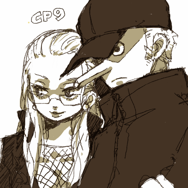 yukke, kaku (one piece), kalifa (one piece), one piece, shueisha, 1boy, 1girl, baseball cap, breasts, cleavage, crossed arms, earrings, enies lobby, fishnets, glasses, hat, jewelry, long hair, long nose, monochrome, serious, short hair, turtleneck, yellow theme, zipper