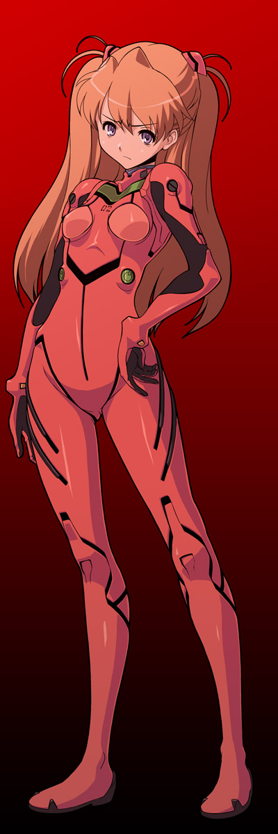 fugetsu taku, souryuu asuka langley, neon genesis evangelion, highres, long image, tall image, black background, bracer, frown, full body, gradient background, hand on own hip, legs apart, mecha pilot suit, parted bangs, plugsuit (evangelion), red background, red hair, solo, standing, two side up, v-shaped eyebrows