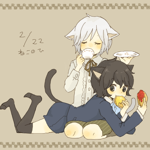 yukke, lowres, animal ears, black eyes, black hair, closed eyes, cookie, cup, drinking, eating, food, lap pillow, short hair, sitting, sitting on lap, sitting on person, socks, sweets, tail, tea, white hair