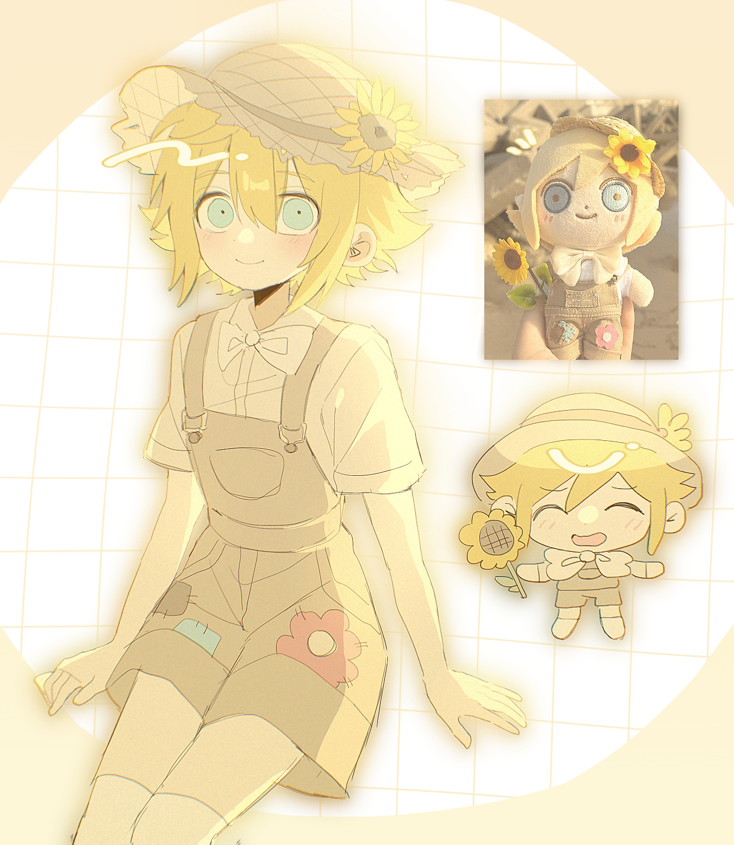 my loleeta, basil (faraway) (omori), basil (omori), omori, highres, 1boy, alternate costume, blonde hair, blue eyes, blush, bow, bowtie, brown hat, brown overalls, chibi, closed mouth, hat, looking at viewer, male focus, overall shorts, overalls, reference inset, shirt, short hair, sidelocks, smile, solo, sun hat, thighhighs, white bow, white bowtie, white shirt, white thighhighs