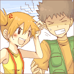 mini mamu, brock (pokemon), misty (pokemon), nintendo, pokemon, pokemon (anime), pokemon (classic anime), bad id, bad pixiv id, lowres, >:), 1boy, 1girl, angry, blush, border, brown hair, clenched teeth, flat chest, grabbing another's ear, grey hair, gym leader, hand on another's ear, oekaki, orange hair, short hair, side ponytail, suspenders, sweatdrop, tank top, teeth, v-shaped eyebrows, vest