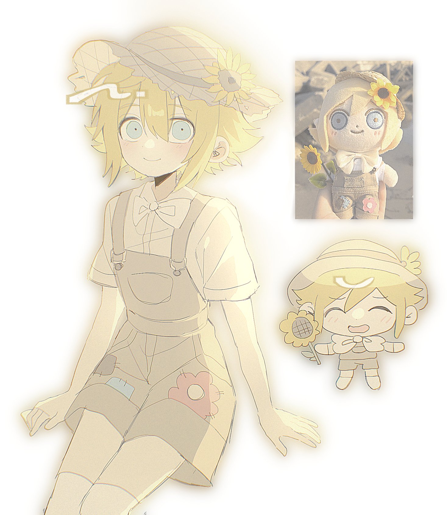 my loleeta, basil (faraway) (omori), basil (omori), omori, highres, 1boy, alternate costume, blonde hair, blue eyes, blush, bow, bowtie, brown hat, brown overalls, chibi, closed mouth, hat, looking at viewer, male focus, overall shorts, overalls, reference inset, shirt, short hair, sidelocks, simple background, smile, solo, sun hat, thighhighs, white background, white bow, white bowtie, white shirt, white thighhighs