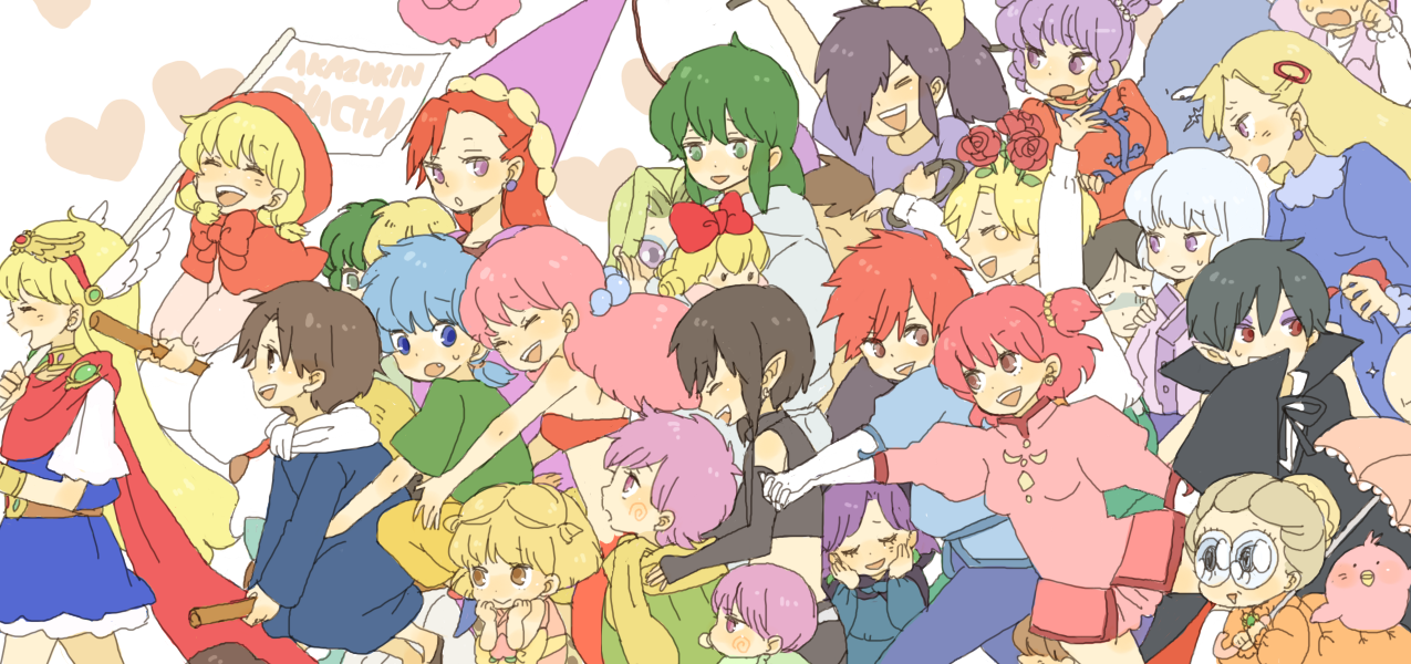 yukke, chacha, chacha (akazukin chacha), dorothy (akazukin chacha), elizabeth (akazukin chacha), kyuu (akazukin chacha), magical princess, marin (akazukin chacha), orin (akazukin chacha), oyuki (akazukin chacha), rascal (akazukin chacha), riiya, riiya (akazukin chacha), seravi, seravi (akazukin chacha), shiine, shiine (akazukin chacha), shironeko (akazukin chacha), urara (akazukin chacha), yakko, yakko (akazukin chacha), akazukin chacha, 1990s (style), 6+boys, 6+girls, broom, broom riding, brother and sister, everyone, happy, magical girl, multiple boys, multiple girls, parade, retro artstyle, siblings