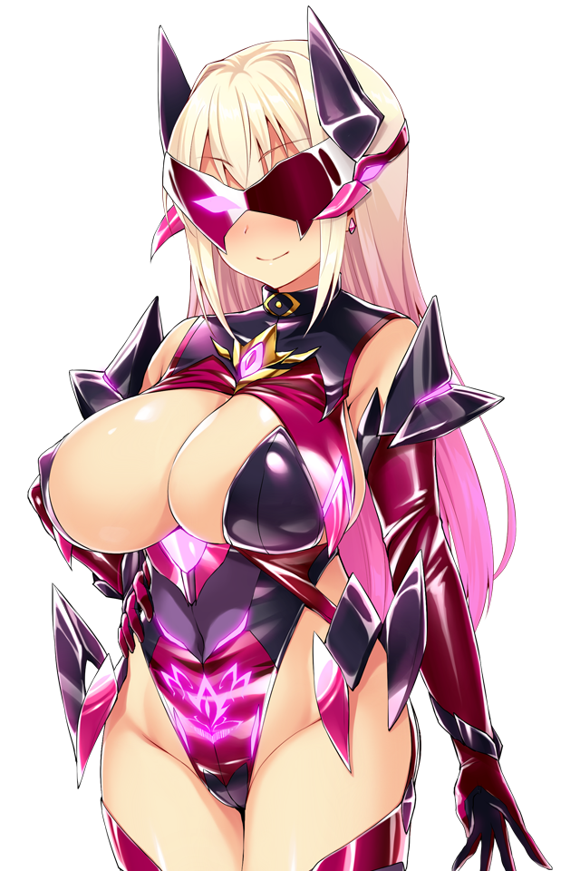 satou kuuki, game cg, large variant set, non-web source, official art, variant set, 1girl, ayazaki shizuku, blonde hair, blush, breasts, cameltoe, cleavage, closed mouth, corruption, covered erect nipples, covered navel, cowboy shot, dark persona, earrings, elbow gloves, evil flare, gloves, glowing, gradient hair, hand on own hip, headgear, highleg, highleg leotard, jewelry, large breasts, leotard, long hair, mask, multicolored hair, pink hair, pubic tattoo, shiny clothes, simple background, smile, solo, soukou seiki ysphere, standing, taimanin suit, tattoo, thighhighs, transparent background, white background