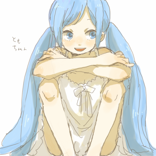 yukke, kunagisa tomo, zaregoto series, lowres, 1girl, blue eyes, blue hair, breasts, crossed arms, female focus, legs, lingerie, long hair, matching hair/eyes, negligee, sitting, small breasts, smile, solo, twintails, underwear