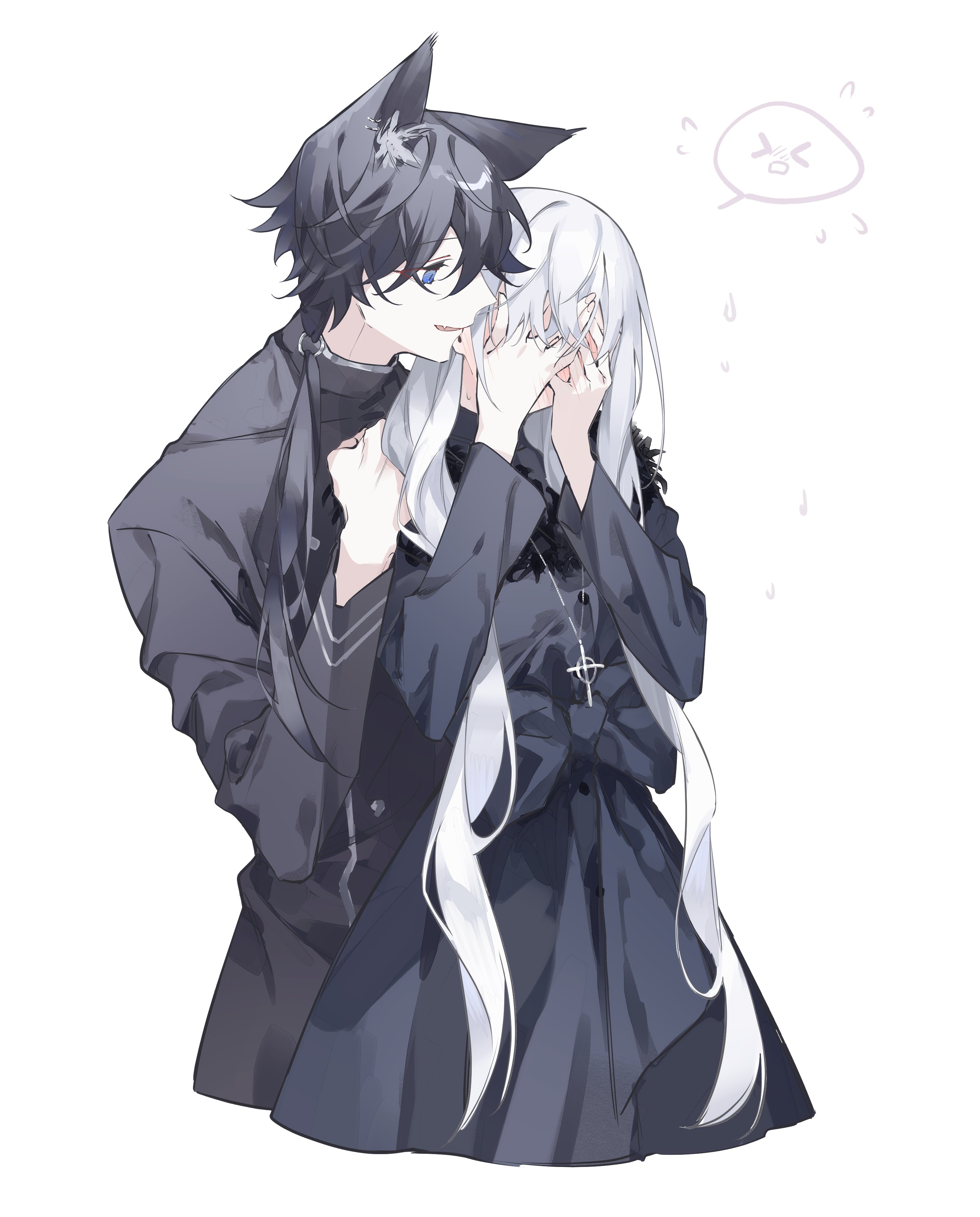 shiozaki shino, original, absurdres, highres, 1boy, 1girl, animal ears, black bow, black dress, black hair, black jacket, blue eyes, blush, bow, covering face, dress, jacket, long hair, long sleeves, looking at another, parted lips, short hair, simple background, upper body, very long hair, white background, white hair