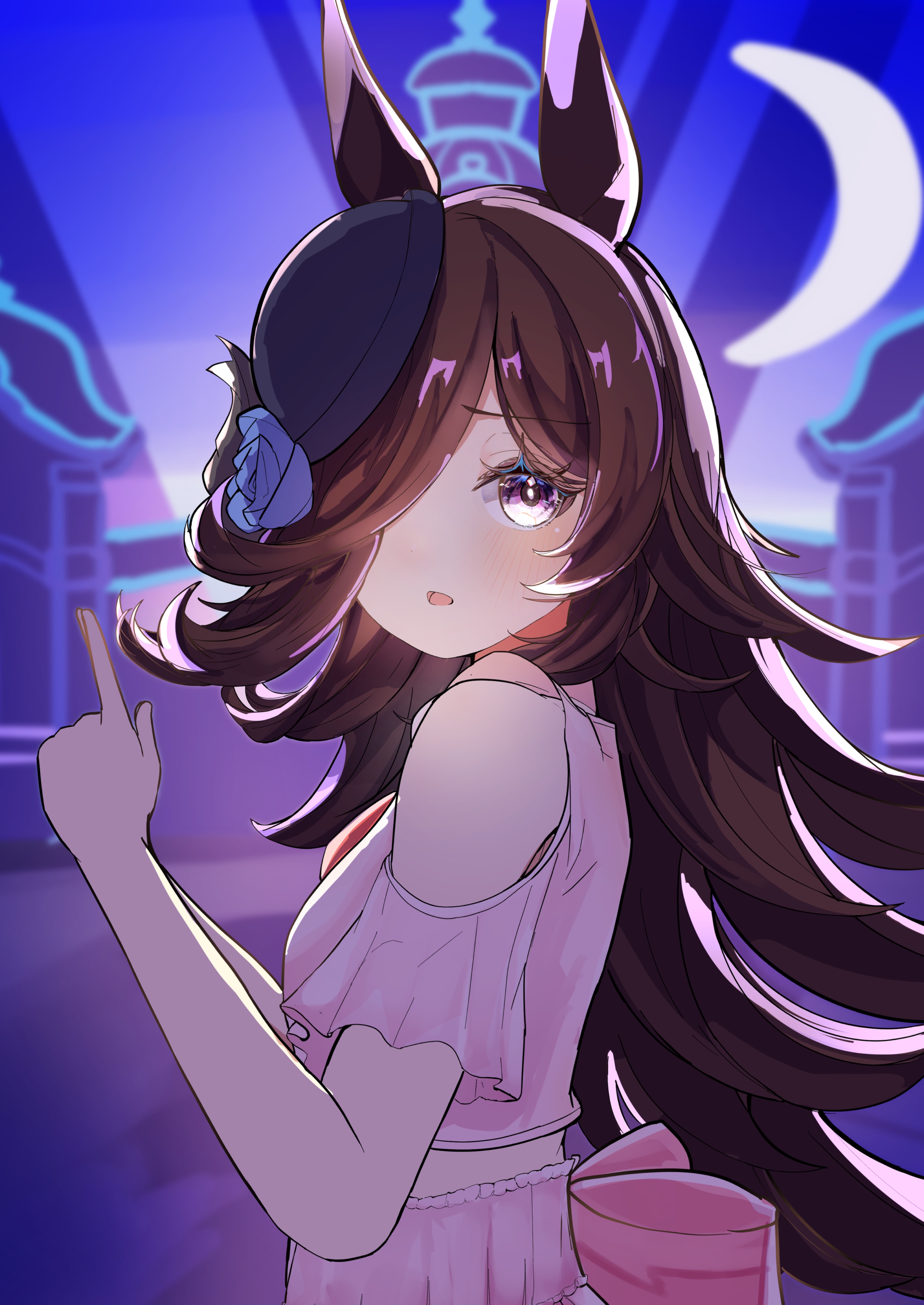 yu-muge, rice shower (umamusume), umamusume, absurdres, highres, 1girl, animal ears, bare shoulders, blue flower, blue rose, blush, brown hair, crescent moon, flipped hair, flower, hair over one eye, hat, hat flower, horse ears, horse girl, long hair, looking at viewer, meni shuki rush-sshu!, moon, open mouth, parted lips, pink shirt, pink skirt, purple eyes, rose, shirt, skirt, solo, spotlight, tilted headwear