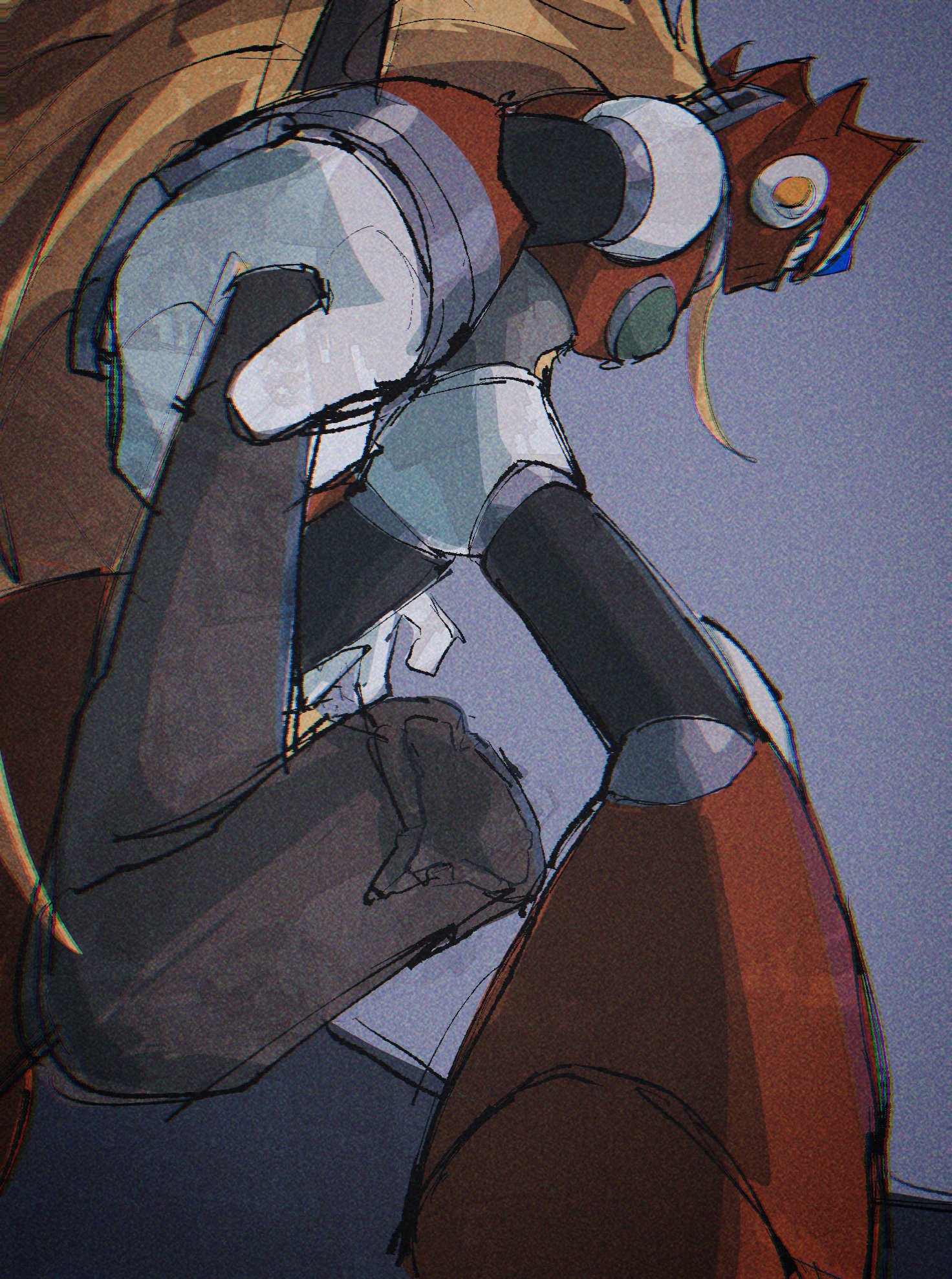 lemon inu, zero (mega man), mega man (series), mega man x4, mega man x (series), highres, armor, blonde hair, chest jewel, forehead jewel, from behind, grey background, helmet, holding, holding lead pipe, lead pipe, long hair, red armor, red helmet, simple background, standing