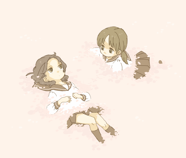 yukke, black hair, brown eyes, brown hair, cherry blossoms, lying, petals, school uniform, serafuku, short hair