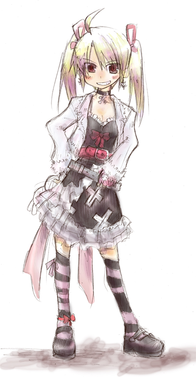 kasuga yuuki, wildrabbit, bad id, bad pixiv id, 1girl, asymmetrical legwear, belt, blonde hair, female focus, gothic lolita, kneehighs, lolita fashion, mismatched legwear, ponytail, socks, solo, striped clothes, striped socks, twintails