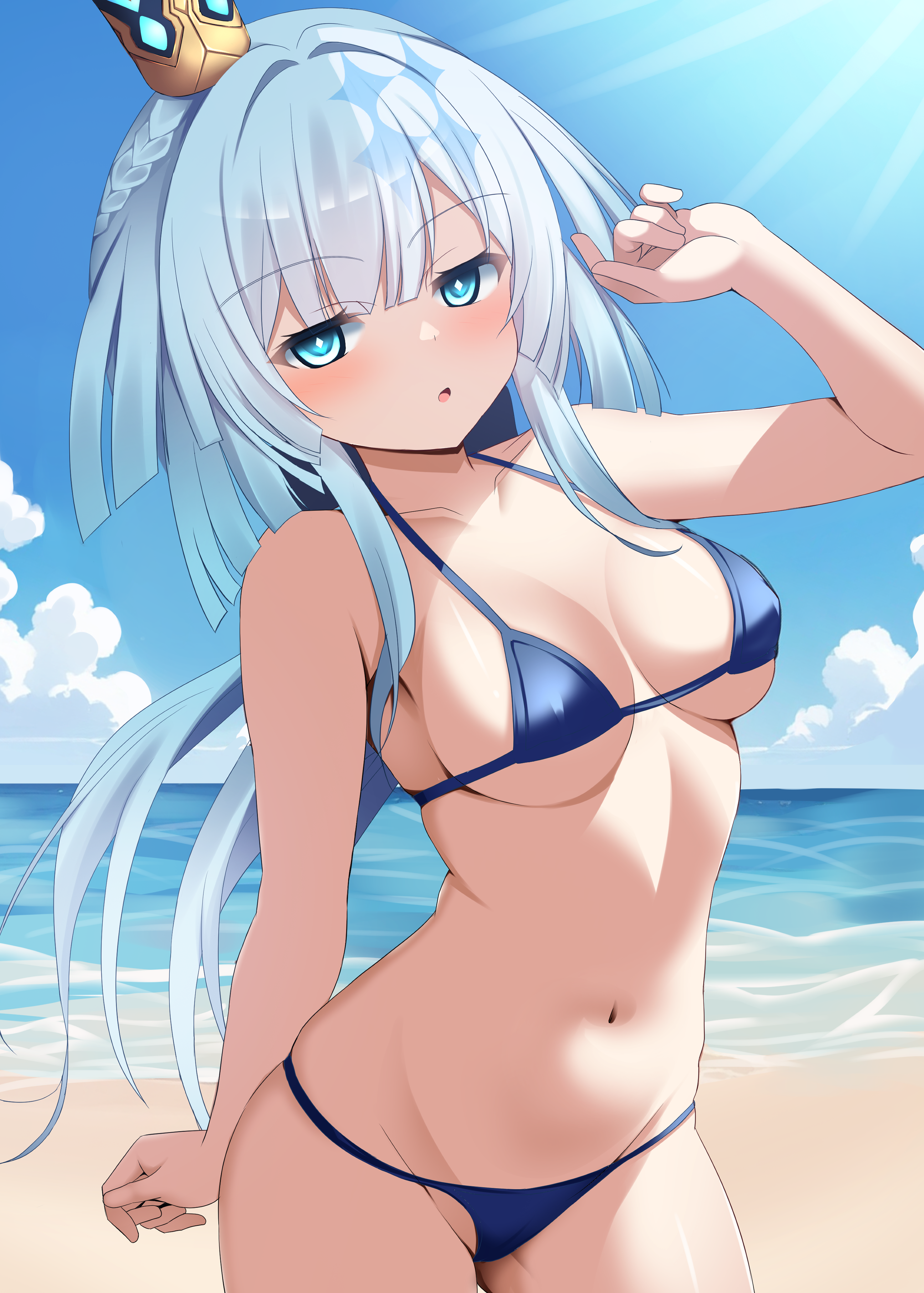nyarumi, cerydra (honkai: star rail), honkai: star rail, honkai (series), absurdres, commentary request, highres, 1girl, :o, alternate breast size (larger), beach, bikini, blue bikini, blue eyes, blue hair, blue sky, breasts, crown, large breasts, long hair, navel, ocean, outdoors, sky, solo, stomach, swimsuit, thighs, underboob, very long hair