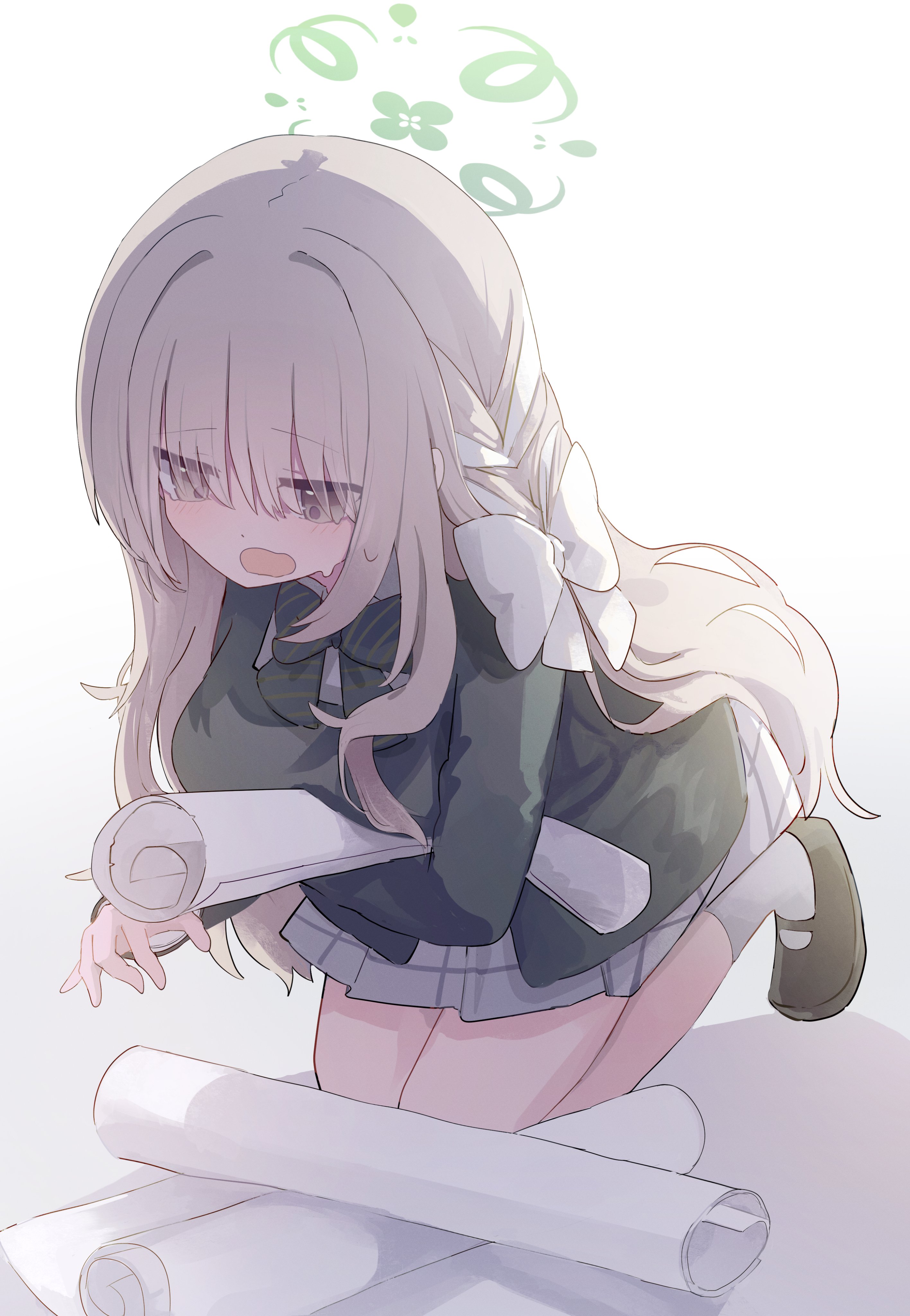 nacoty, miyo (blue archive), blue archive, absurdres, highres, 1girl, bow, bowtie, brown eyes, brown hair, brown shoes, green bow, green bowtie, green halo, green jacket, grey skirt, hair bow, halo, jacket, kneeling, long hair, open mouth, paper, shoes, skirt, socks, solo, striped bow, striped bowtie, striped clothes, white bow, white socks