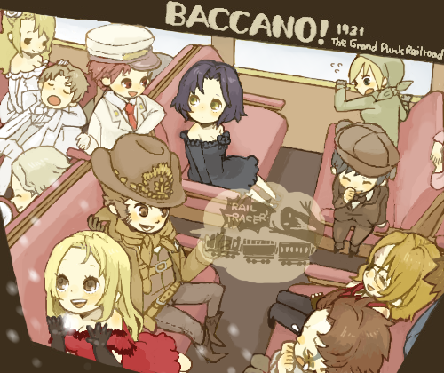 yukke, chane laforet, claire stanfield, czeslaw meyer, isaac dian, jacuzzi splot, ladd russo, lua klein, miria harvent, nice holystone, rachel (baccano!), baccano!, uniform, lowres, 00s, 5girls, 6+boys, blonde hair, blue hair, breath, brown hair, chibi, cowboy, cowboy hat, cowboy western, dress, eyepatch, ghost, glasses, hat, lap pillow, multiple boys, multiple girls, newsboy cap, peaked cap, pink hair, sitting, sleeping, smile, snow, sweatdrop, train, train anime, train interior, western, window