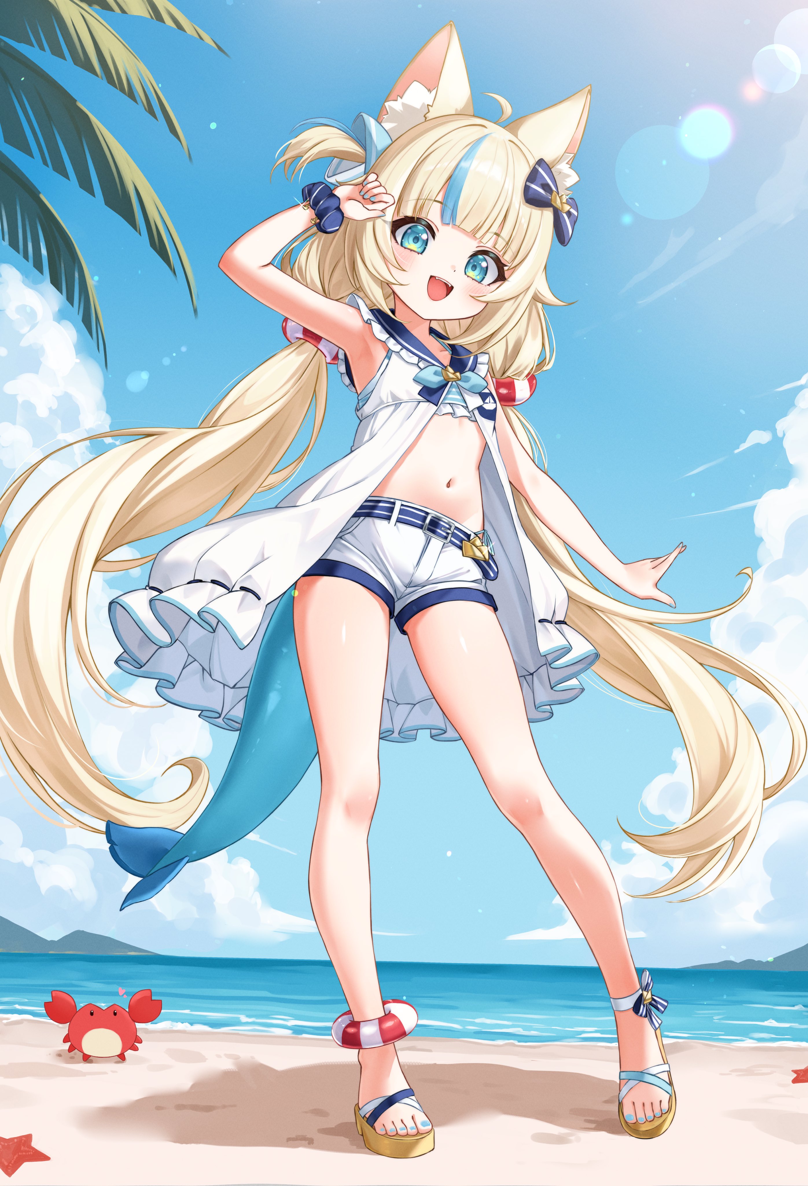 4kimizuki, sameko saba, indie virtual youtuber, absurdres, highres, 1girl, ahoge, animal ear fluff, animal ears, armpits, arms up, beach, belt, bikini, bikini under clothes, blonde hair, blue eyes, cat ears, cloud, crab, dress, feet, fins, fish tail, full body, legs, lifebuoy hair ornament, long hair, low twintails, multicolored hair, nail polish, navel, ocean, open clothes, open dress, open mouth, outdoors, sandals, short dress, short shorts, shorts, sky, sleeveless, sleeveless dress, smile, standing, stomach, streaked hair, striped bikini, striped clothes, swimsuit, tail, thighs, toes, twintails, virtual youtuber, white dress, white shorts