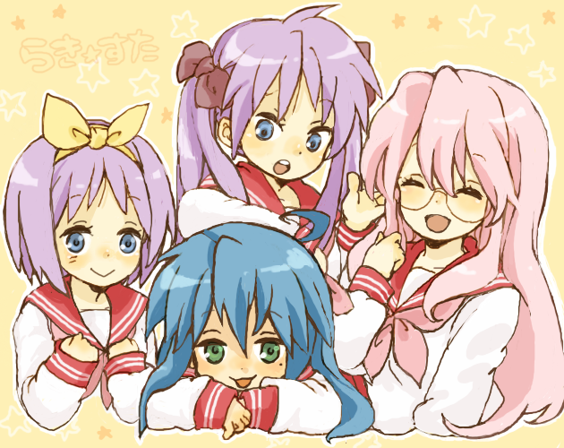 yukke, hiiragi kagami, hiiragi tsukasa, izumi konata, takara miyuki, lucky star, 00s, 4girls, ahoge, blue eyes, blue hair, closed eyes, glasses, green eyes, hair ribbon, happy, long hair, mole, mole under eye, multiple girls, pink hair, purple hair, ribbon, school uniform, serafuku, short hair, sisters, smile, twins, twintails, upper body