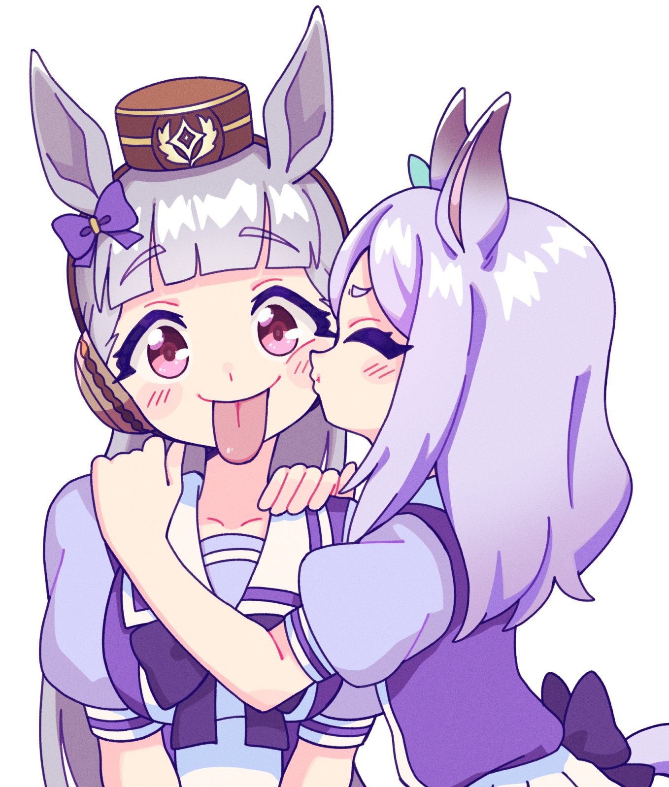 kitnoko, gold ship (umamusume), mejiro mcqueen (umamusume), umamusume, highres, 2girls, animal ears, aqua bow, blunt bangs, blush, bow, breasts, brown hat, closed eyes, closed mouth, collarbone, ear bow, ear ornament, grey hair, hat, horse ears, horse girl, horse tail, kiss, kissing cheek, long hair, long tongue, multiple girls, pillbox hat, puckered lips, puffy short sleeves, puffy sleeves, purple bow, purple eyes, purple hair, purple serafuku, purple shirt, sailor collar, sailor shirt, school uniform, serafuku, shirt, short sleeves, simple background, skirt, smile, tail, tongue, tongue out, tracen school uniform, upper body, white background, white sailor collar, white skirt, yuri