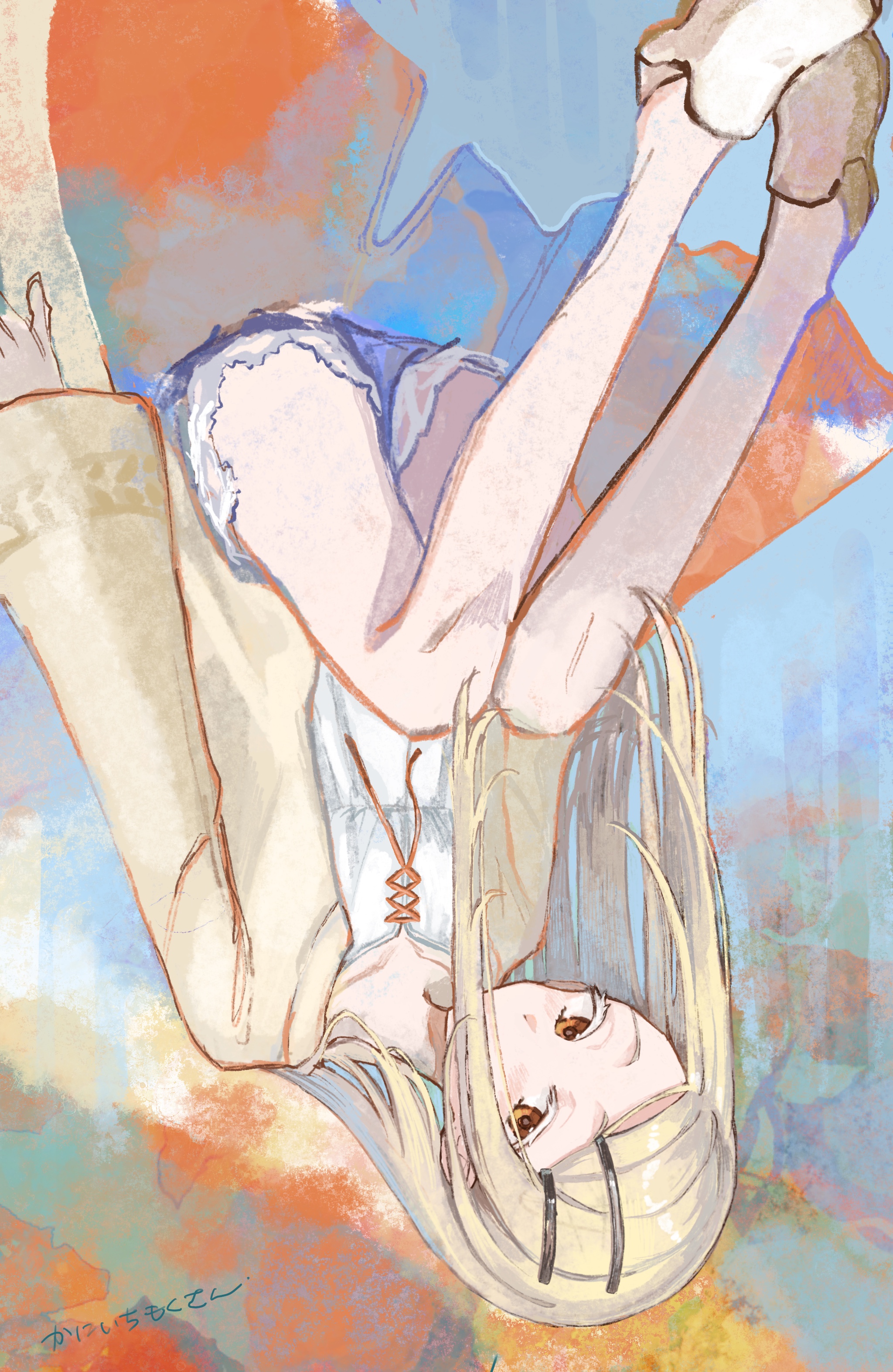 hai bokusha, shinosawa hiro, gakuen idolmaster, idolmaster, absurdres, commentary request, highres, translation request, 1girl, bare legs, blonde hair, camisole, collarbone, colored eyelashes, colorful background, denim, denim shorts, full body, hair ornament, hairclip, knees up, light blush, long hair, long sleeves, looking at viewer, orange eyes, orange ribbon, parallel hairclips, ribbon, robe, shoes, short shorts, shorts, solo, swept bangs, upside-down, white camisole, white shoes, yellow robe