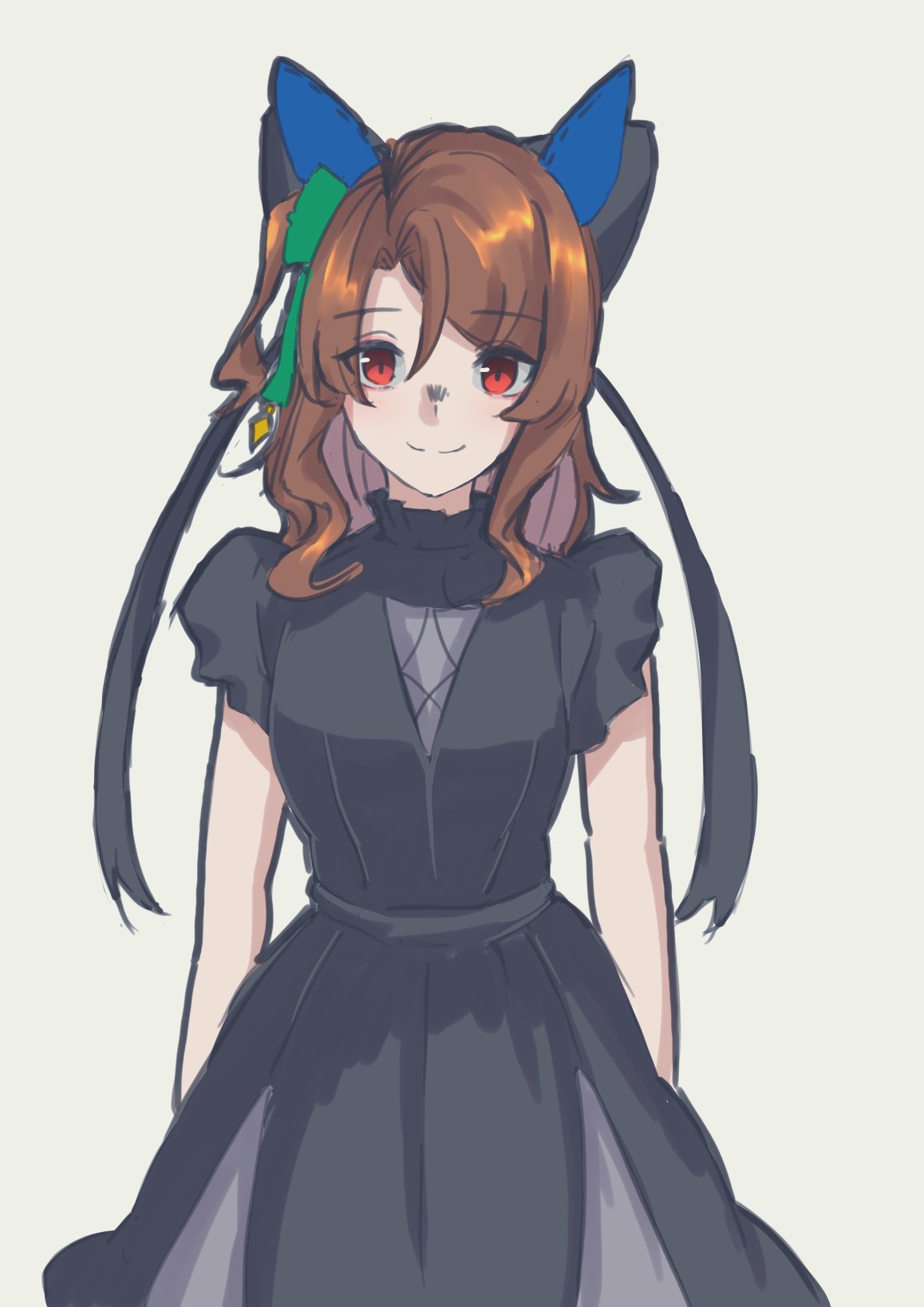 ohsaka kaname, king halo (umamusume), umamusume, highres, 1girl, alternate costume, animal ears, black dress, blush, bow, breasts, brown hair, closed mouth, dress, ear bow, ear covers, ear ribbon, green bow, hair ornament, horse ears, horse girl, long hair, looking at viewer, red eyes, short sleeves, simple background, smile, solo
