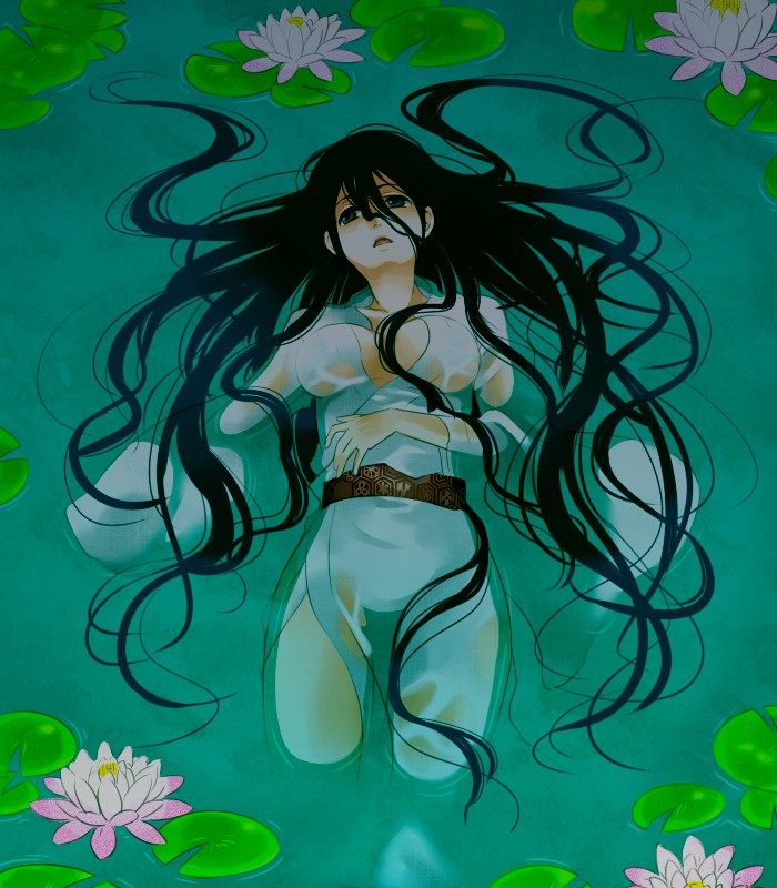 betobeto, bad id, bad pixiv id, afloat, black hair, floating, lily pad, long hair, very long hair, water, wet, wet clothes