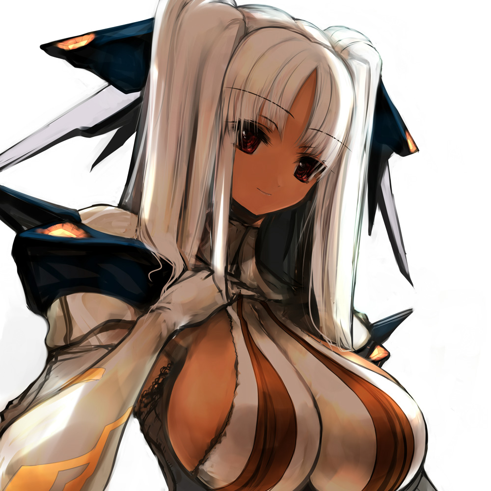 pupps, original, 1girl, breasts, female focus, huge breasts, large breasts, light smile, long hair, looking down, mecha musume, parted bangs, red eyes, sideboob, simple background, smile, solo, twintails, upper body, white background, white hair