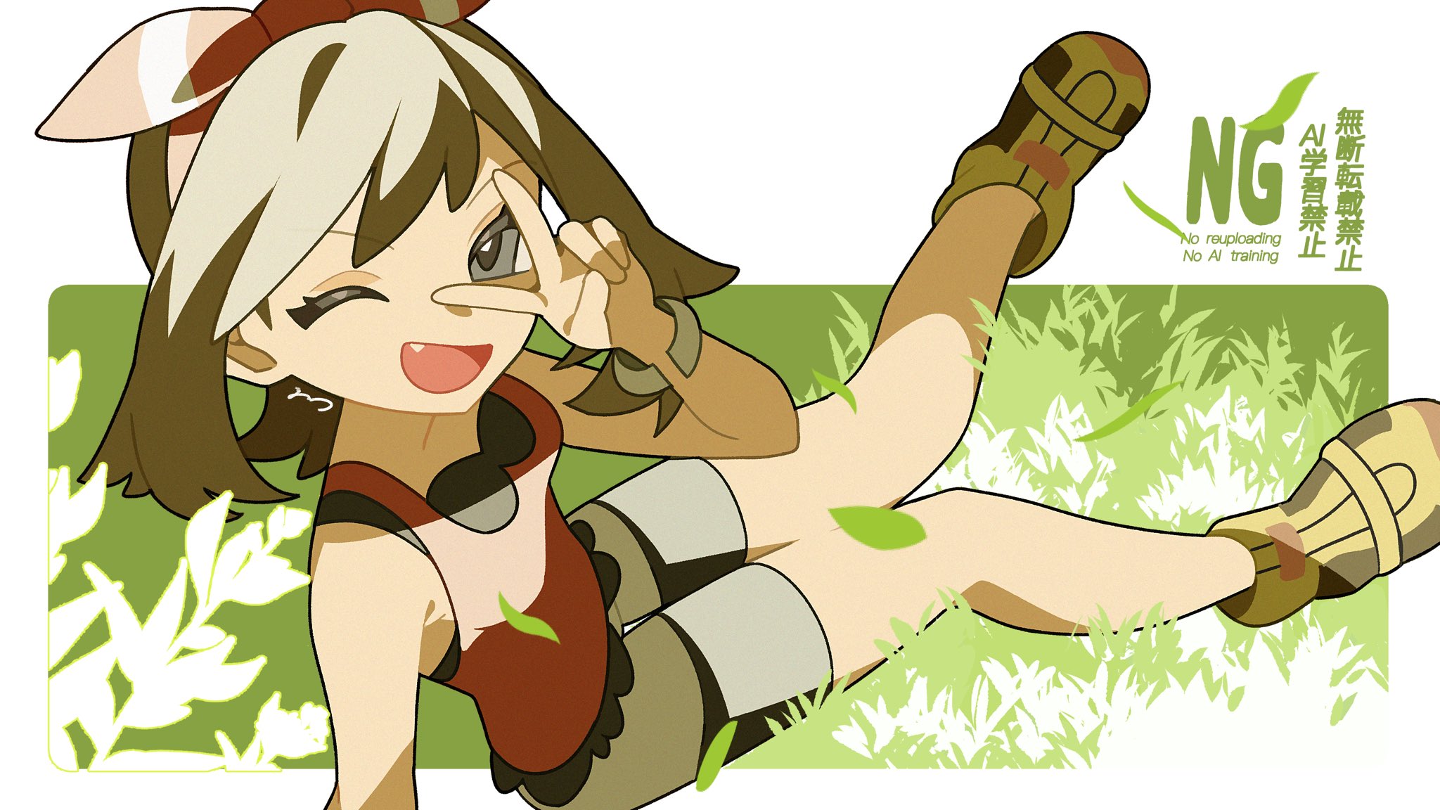 ame akira, may (pokemon), nintendo, pokemon, pokemon oras, highres, 1girl, bare shoulders, bike shorts, bike shorts under shorts, bow hairband, breasts, brown hair, fang, grass, grey eyes, hairband, long hair, looking at viewer, mega ring, one eye closed, open mouth, red shirt, shirt, shoes, shorts, shorts under shorts, sitting, sleeveless, smile, solo, v