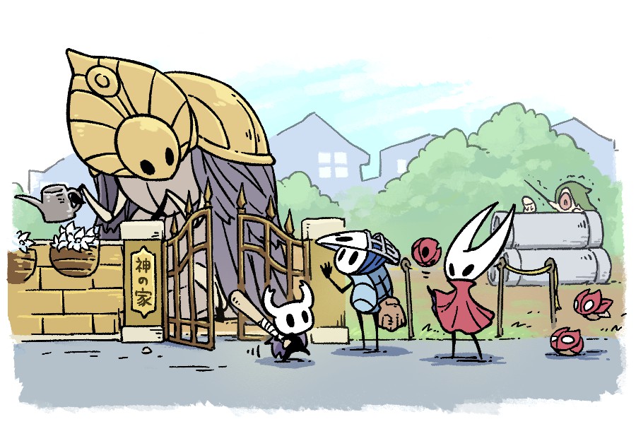 fuifui, godseeker (hollow knight), hornet (hollow knight), knight (hollow knight), quirrel, hollow knight, commentary request, translation request, arthropod boy, arthropod girl, baseball bat, baseball glove, catcher's mask, cloak, flower, fluke hermit (hollow knight), gate, grey cloak, holding, holding baseball bat, hollow eyes, horned mask, mask, mask on head, outdoors, red cloak, trembling, white flower, white mask