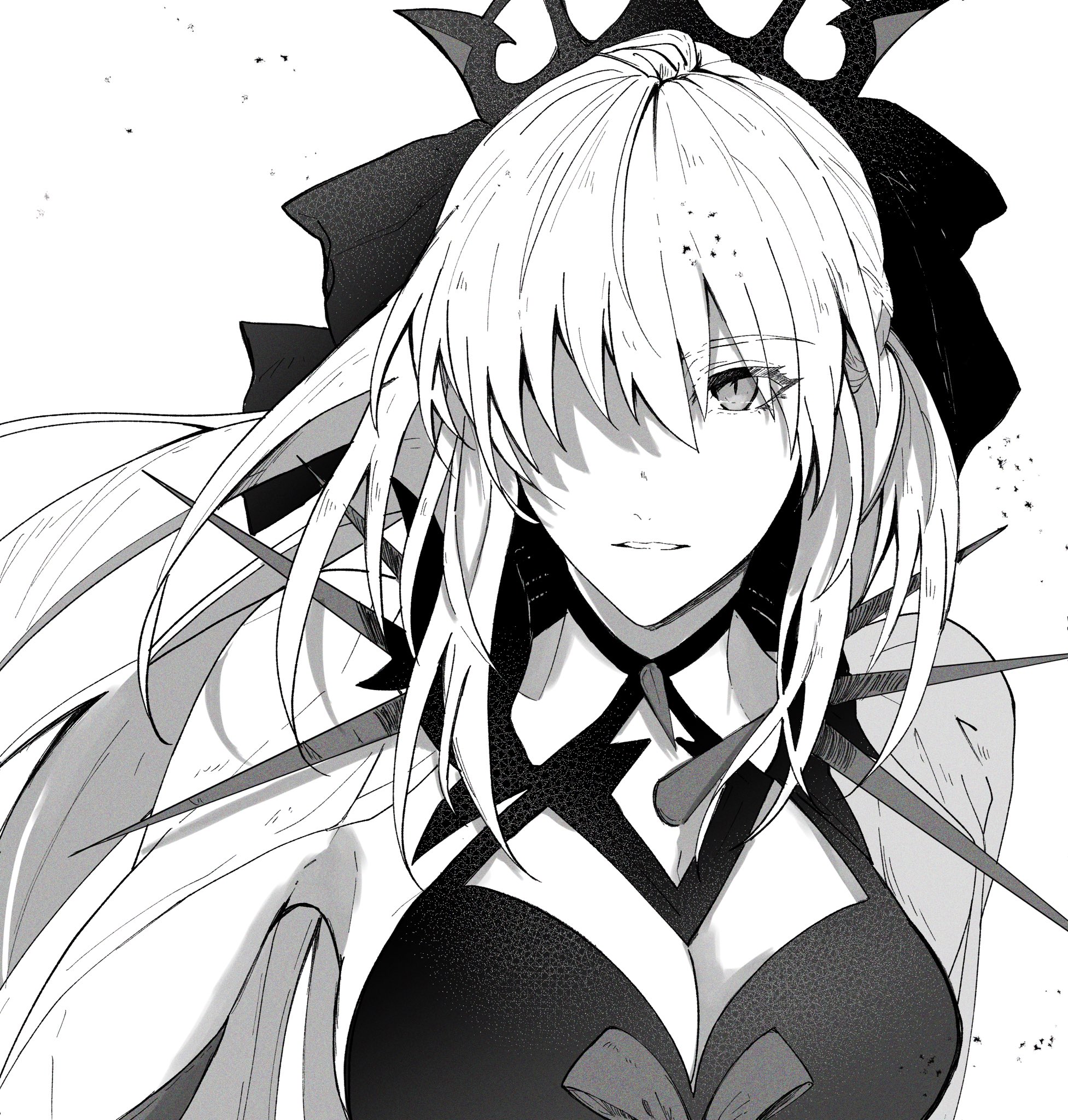 shusun sun, morgan le fay (fate), morgan le fay (third ascension) (fate), fate/grand order, fate (series), highres, 1girl, black bow, black tiara, bow, braid, hair between eyes, hair bow, half up braid, long hair, monochrome, ponytail, simple background, solo, spikes, tiara, very long hair, white background, white hair