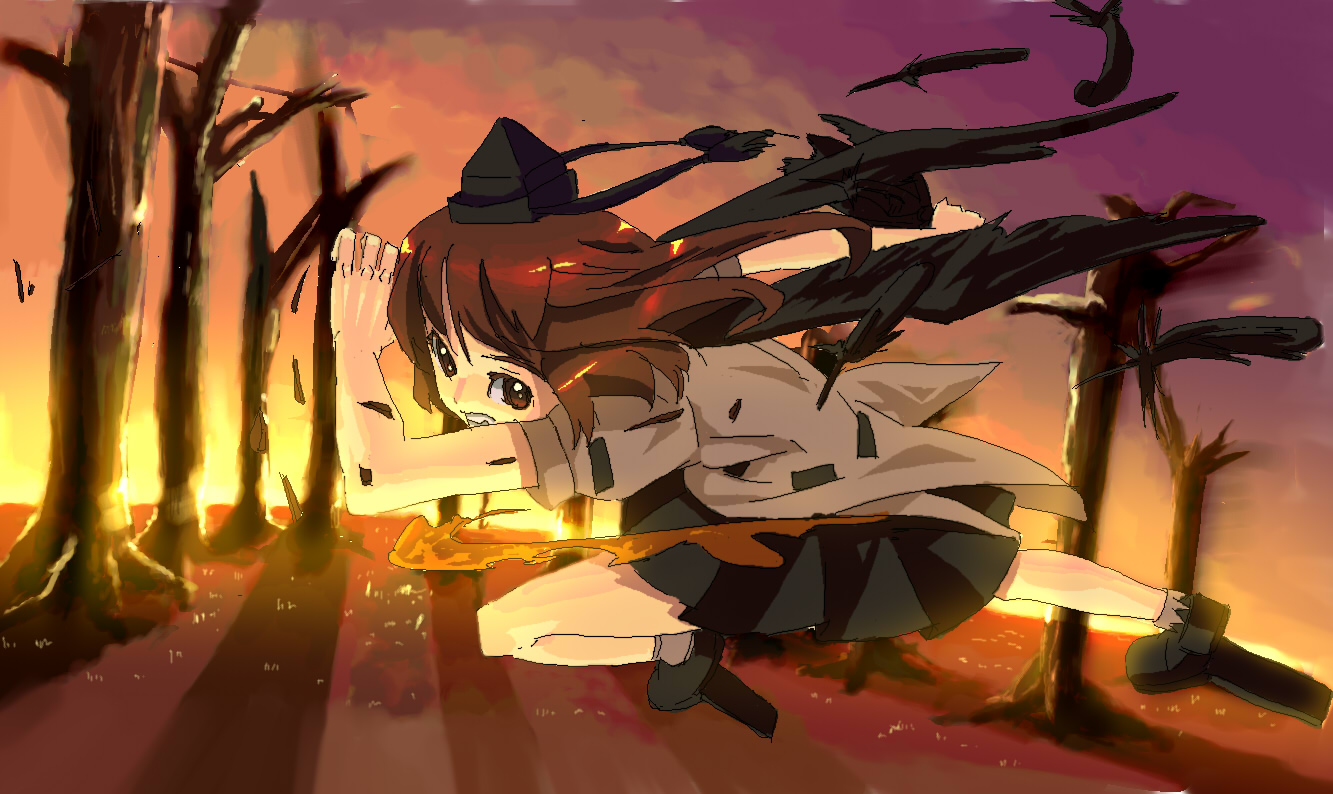 monica (artist), monio, shameimaru aya, touhou, bad id, bad pixiv id, 1girl, black hair, black wings, clenched teeth, female focus, geta, hat, looking at viewer, serious, solo, teeth, tengu-geta, wings
