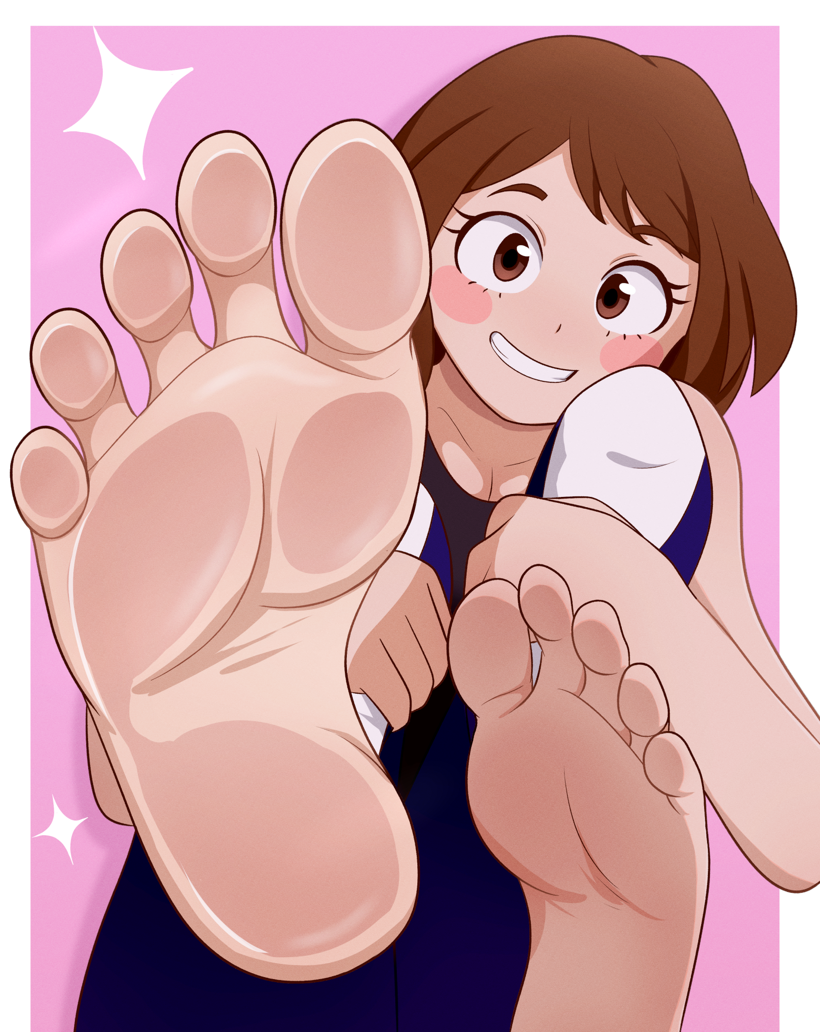 archnoodle, uraraka ochako, boku no hero academia, highres, 1girl, barefoot, brown eyes, brown hair, feet, grin, looking at viewer, medium hair, smile, soles, toes