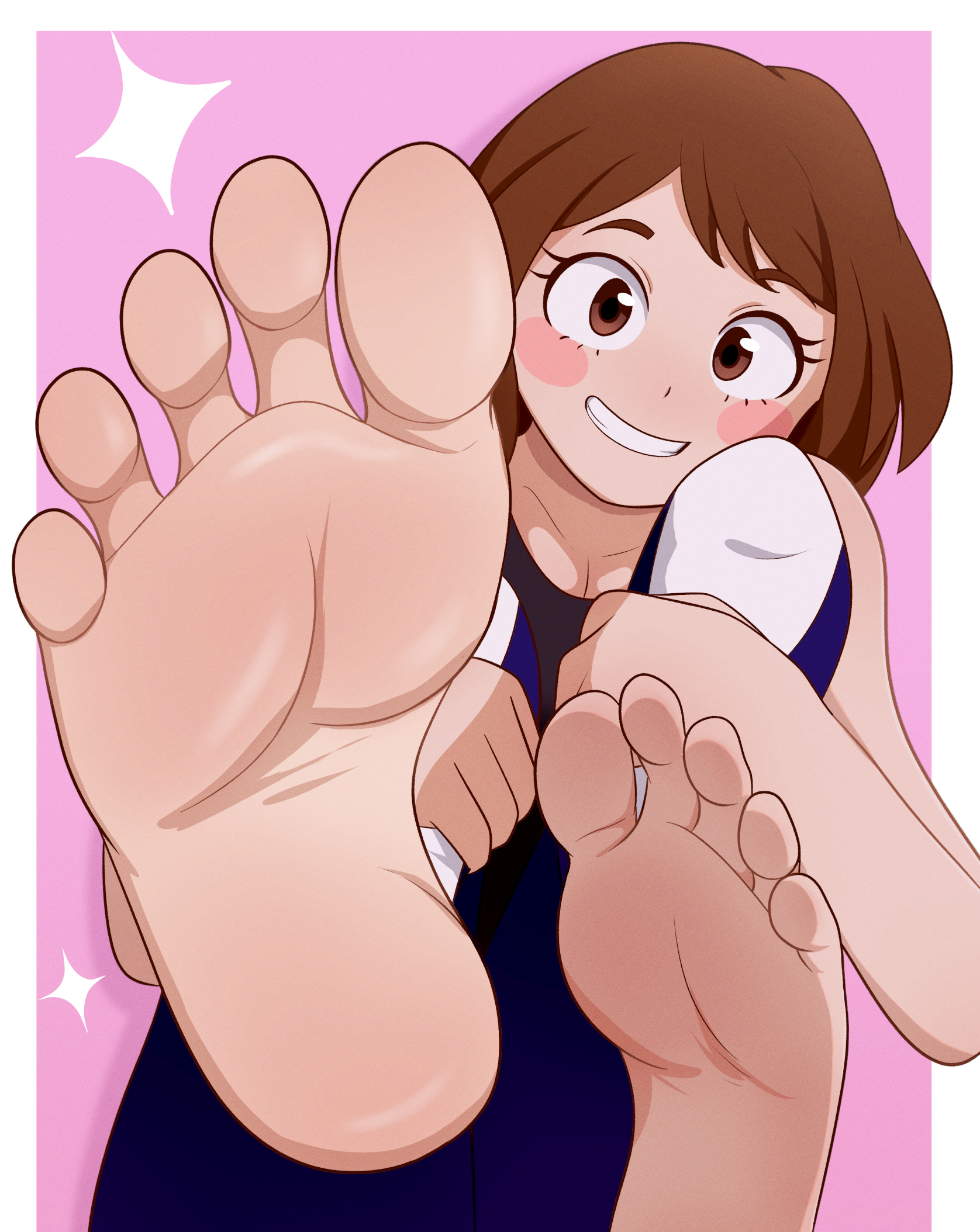 archnoodle, uraraka ochako, boku no hero academia, highres, 1girl, barefoot, brown eyes, brown hair, feet, grin, looking at viewer, medium hair, smile, soles, toes