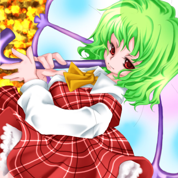 aoi mitsuru, kazami yuuka, touhou, 1girl, ascot, female focus, green hair, plaid clothes, plaid skirt, plaid vest, red eyes, ribbon, short hair, skirt, skirt set, solo, umbrella, vest