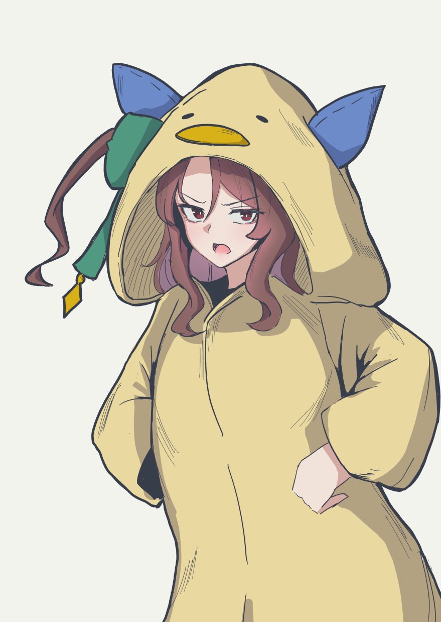ohsaka kaname, king halo (umamusume), umamusume, highres, 1girl, alternate costume, animal ears, blush, bow, brown hair, ear bow, ear covers, ear ribbon, ears through hood, green bow, hood, hood up, horse ears, horse girl, long hair, long sleeves, looking at viewer, mascot, mascot costume, open mouth, red eyes, solo