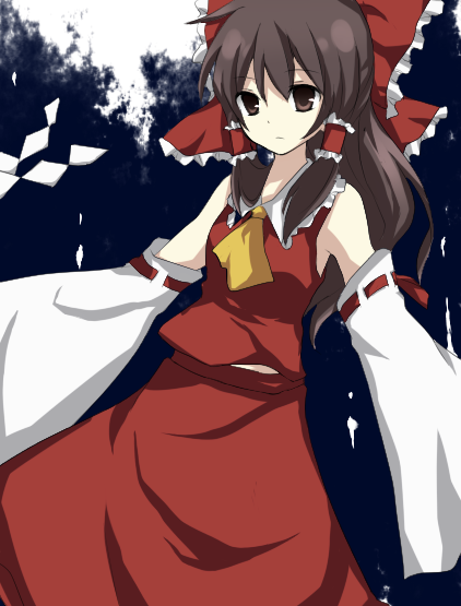 akina, hakurei reimu, touhou, bad id, bad pixiv id, 1girl, female focus, gohei, japanese clothes, long hair, miko, ribbon, skirt, solo
