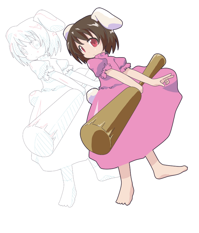 kusaba, kusaba (kusabashiki), inaba tewi, touhou, 1girl, animal ears, barefoot, female focus, hammer, production art, rabbit ears, sketch, solo, tareme