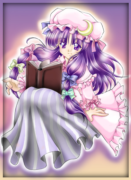 usami mitsuki, patchouli knowledge, touhou, 1girl, arm support, book, cloak, crescent, female focus, hat, long hair, purple eyes, purple hair, ribbon, sitting, solo