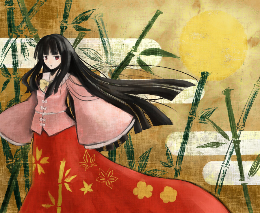 nora (le-chat-noir), houraisan kaguya, touhou, bad id, bad pixiv id, 1girl, bamboo, bamboo forest, black hair, egasumi, female focus, forest, hime cut, long hair, long sleeves, nature, ribbon, sleeves past wrists, solo