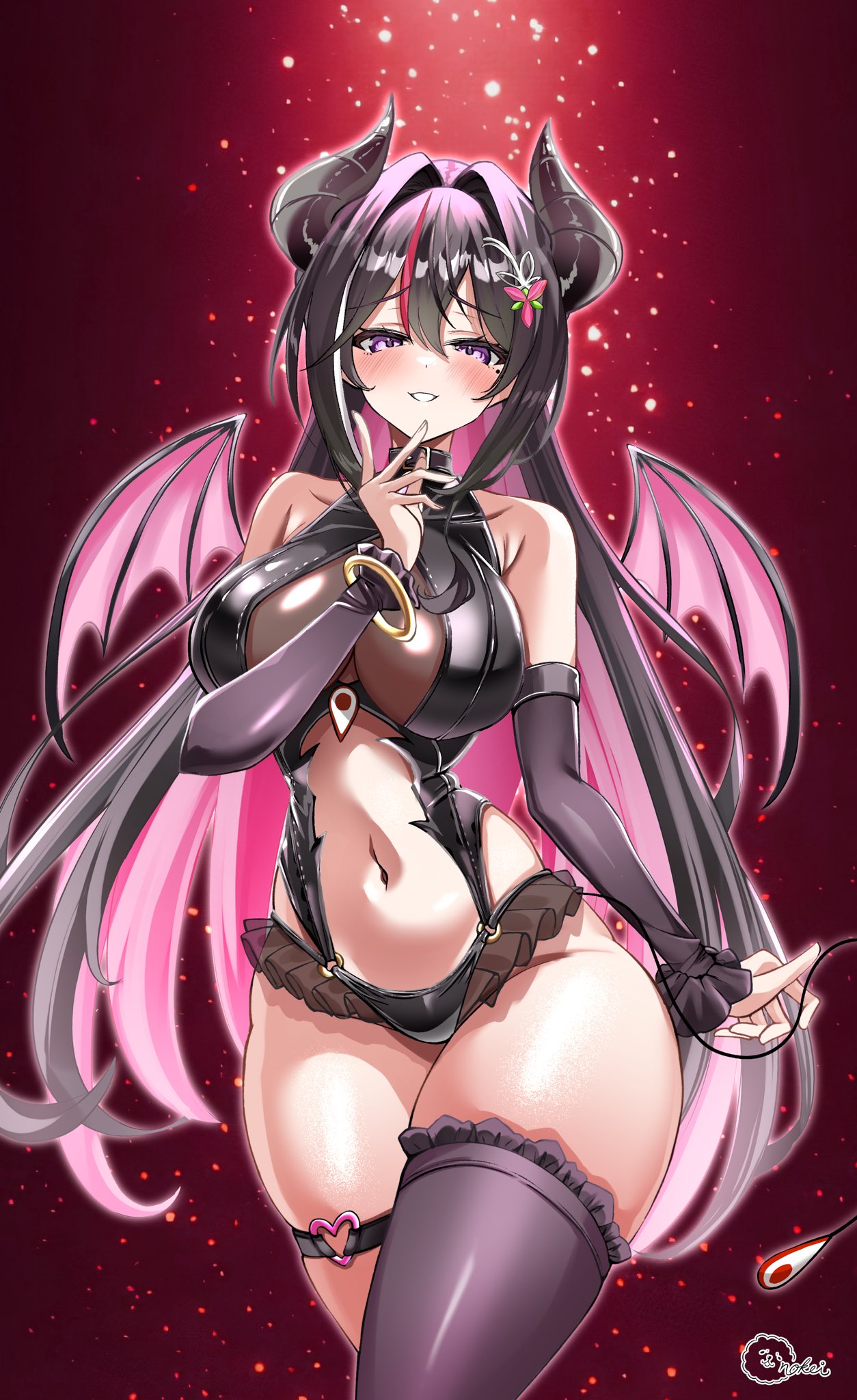 inokeiwd, azki (hololive), hololive, highres, 1girl, bare shoulders, bikini, black bikini, black hair, black horns, black tail, black thighhighs, breasts, cowboy shot, demon girl, demon horns, demon tail, demon wings, horns, large breasts, long hair, multicolored hair, navel, pink hair, pink wings, purple eyes, red background, see-through cleavage, see-through clothes, signature, simple background, single thighhigh, skindentation, solo, swimsuit, tail, thigh strap, thighhighs, virtual youtuber, white hair, wings