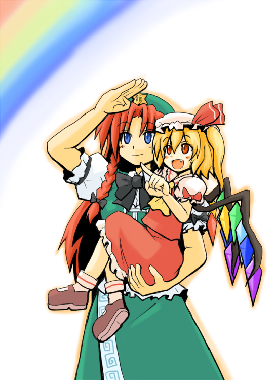 harukatron, flandre scarlet, hong meiling, embodiment of scarlet devil, touhou, 2girls, blonde hair, blue eyes, china dress, chinese clothes, dress, female focus, hat, mob cap, multiple girls, orange eyes, rainbow, red hair, ribbon, star (symbol), wings